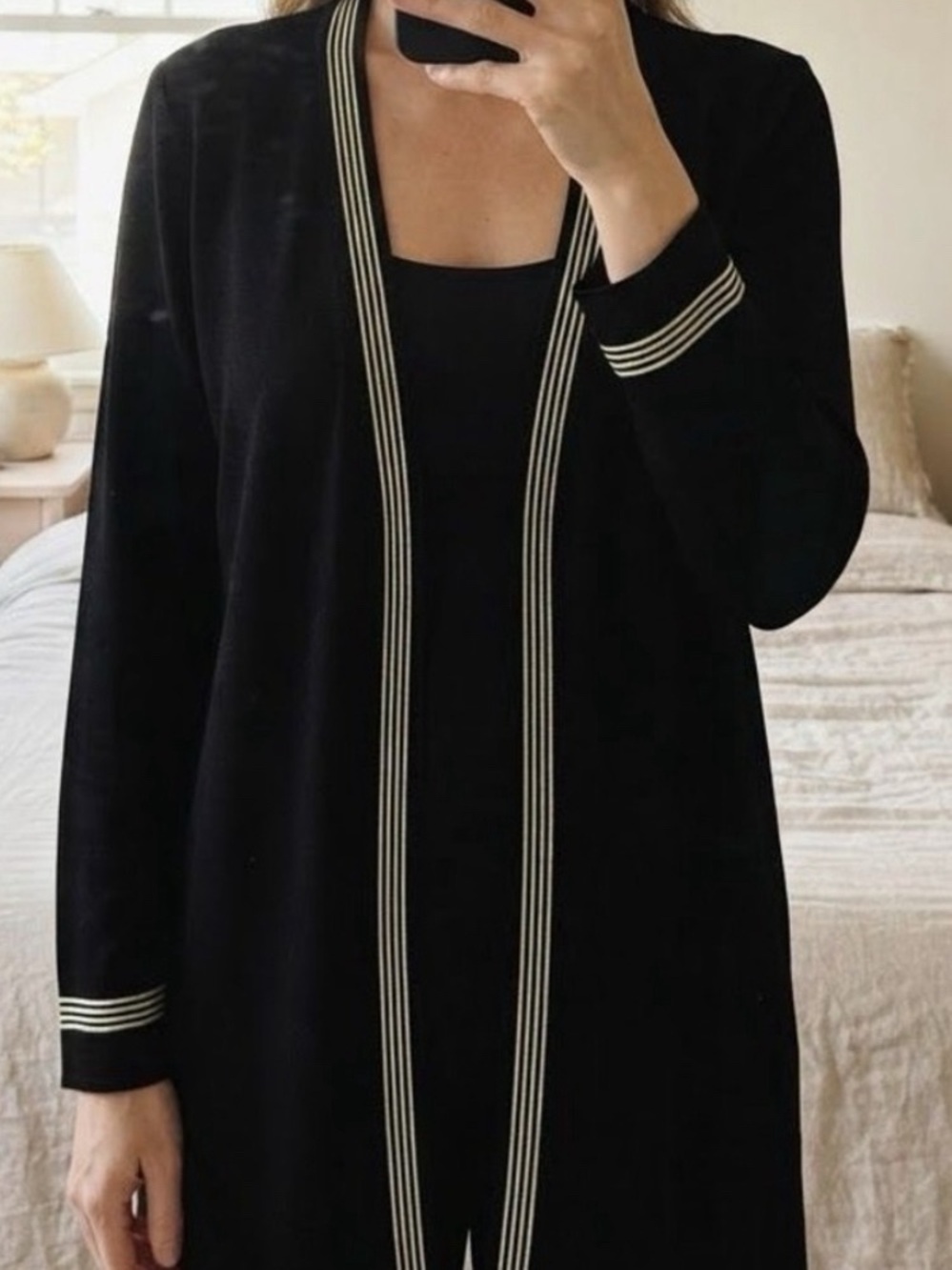 Exclusively Misook Open-Front Cardigan with Contrast Trim